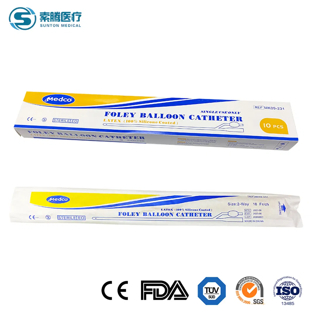 Catéter urinario de látex desechable estéril Sunton 100% con catéter urinario recubierto de silicona 100% fábrica de catéteres de látex antimicrobiales al por mayor en China