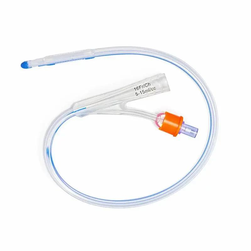 Catéter de Foley de látex recubierto de silicona desechable médico 2-3 formas con diferentes tamaños, doble vía, globo de pura silicona
