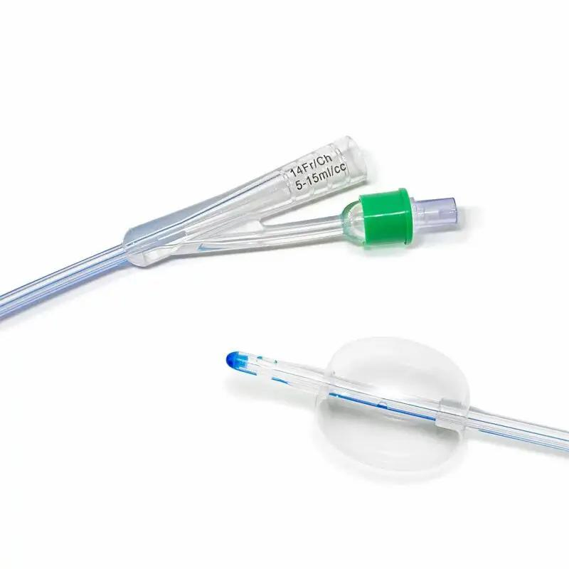 Catéter de Foley de látex recubierto de silicona desechable médico 2-3 formas con diferentes tamaños, doble vía, globo de pura silicona