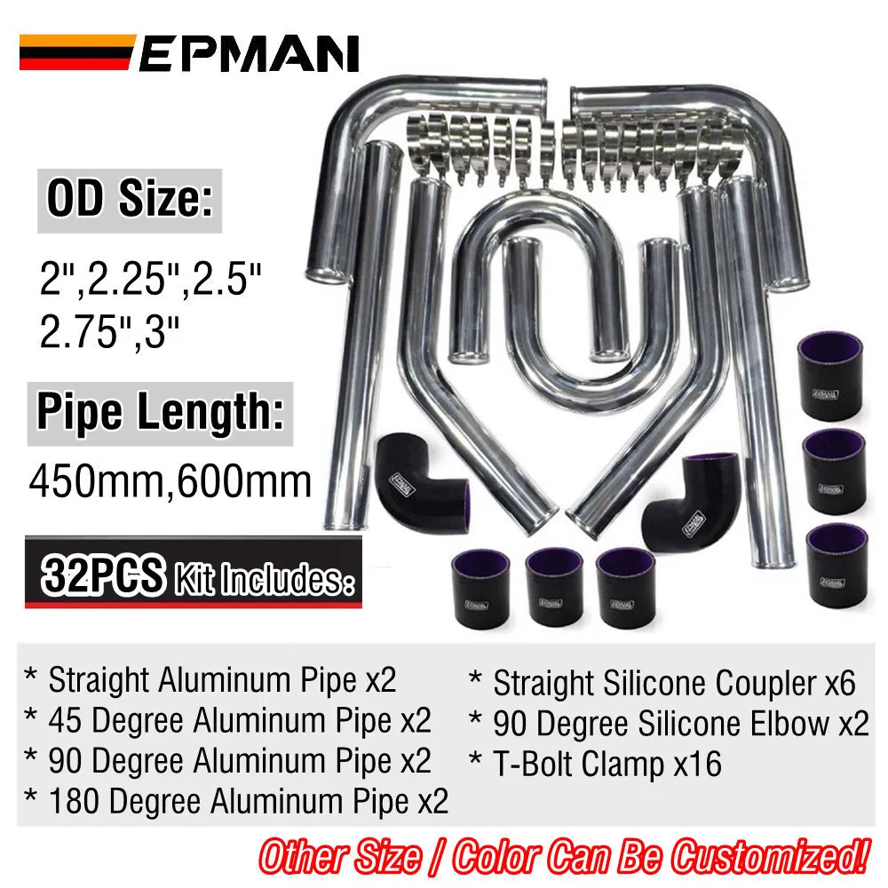 Epman Universal Od: 2"/2.25" /2.5" / 2.75"/3" Turbo Intercooler Aluminum Pipe Silicone Hose Kit Pipe Black Length: 600mm/450mm