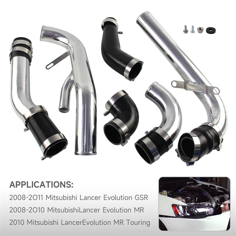 Polished Aluminum Intercooler Pipe Hose Kit Upgrade Fits for Mistubishi Lancer Evo X 2008-2015 2.0L Turbo Engine Black/Silver