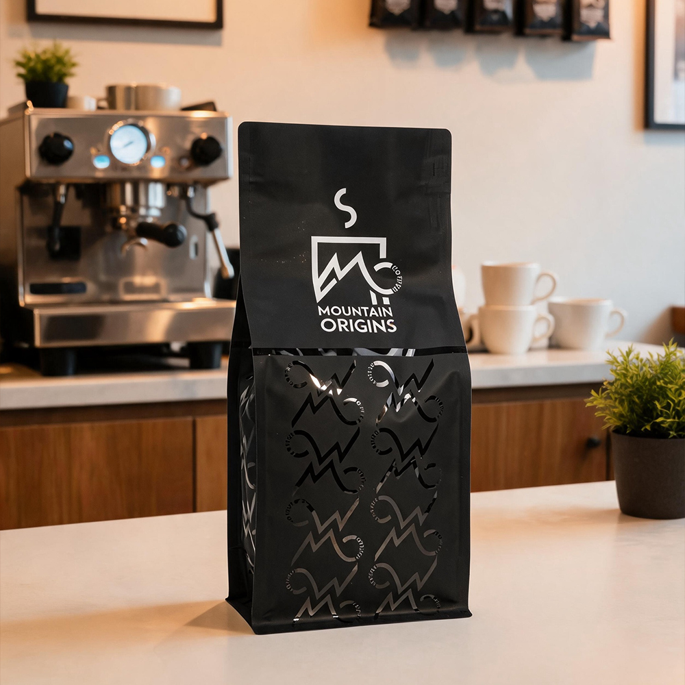 Custom Custom Flat Bottom Coffee Bags with Valve | Embossed Logo & Spot Matte Finish Manufacturers, Suppliers