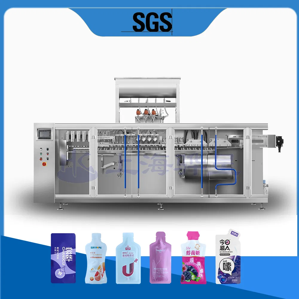 Máquina de embalagem automática horizontal de função completa para enchimento, selagem e embalagem de sacos pré-formados com bico de canto para sabonete líquido, bebida e massa