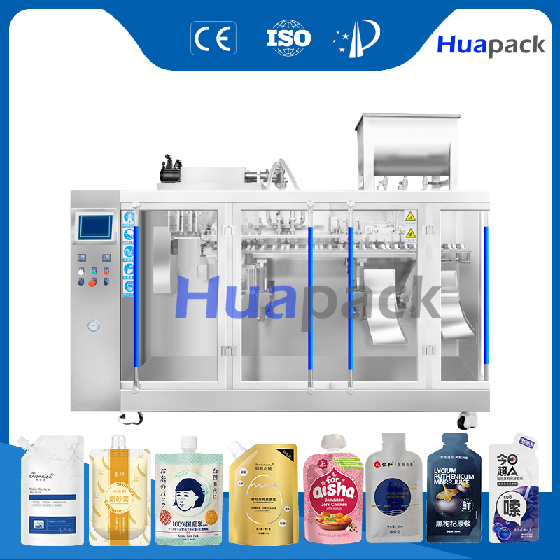 Máquina de embalagem automática horizontal de função completa para enchimento, selagem e embalagem de sacos pré-formados com bico de canto para sabonete líquido, bebida e massa