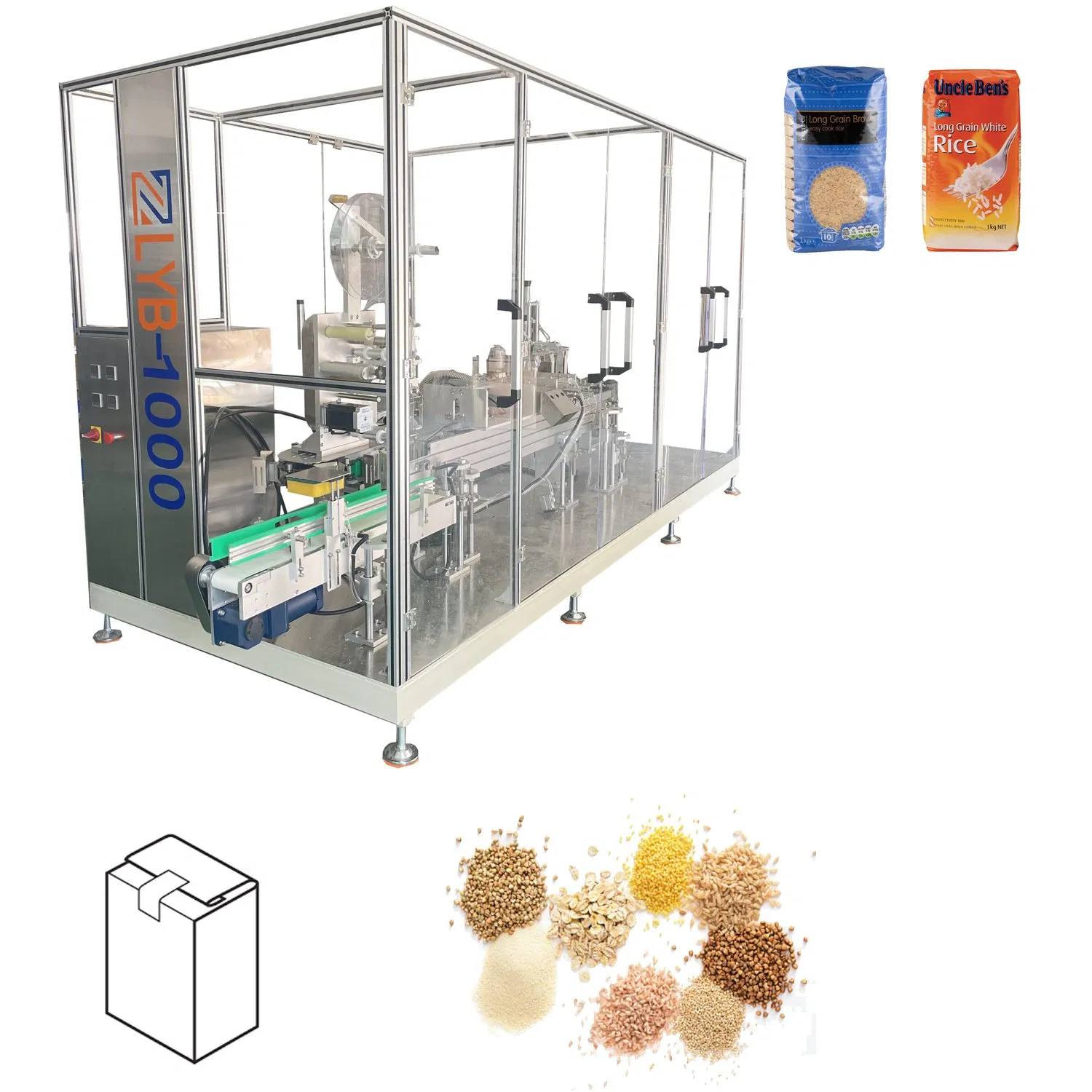 Máquina automática de formação, enchimento e rotulagem de sacos planos de fundo reto para embalagem de arroz, feijão, açúcar, sal, massa e sementes