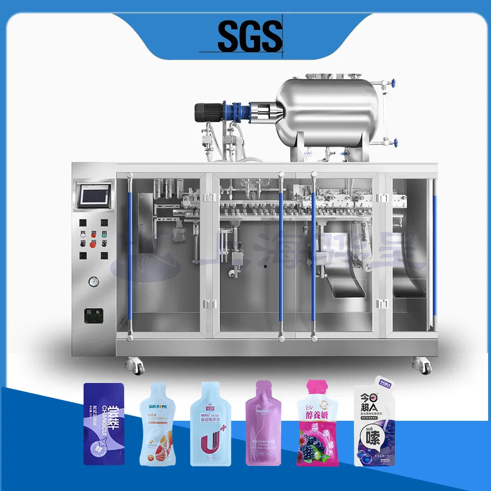 Máquina de embalagem automática horizontal de função completa para enchimento, selagem e embalagem de sacos pré-formados com bico de canto para sabonete líquido, bebida e massa