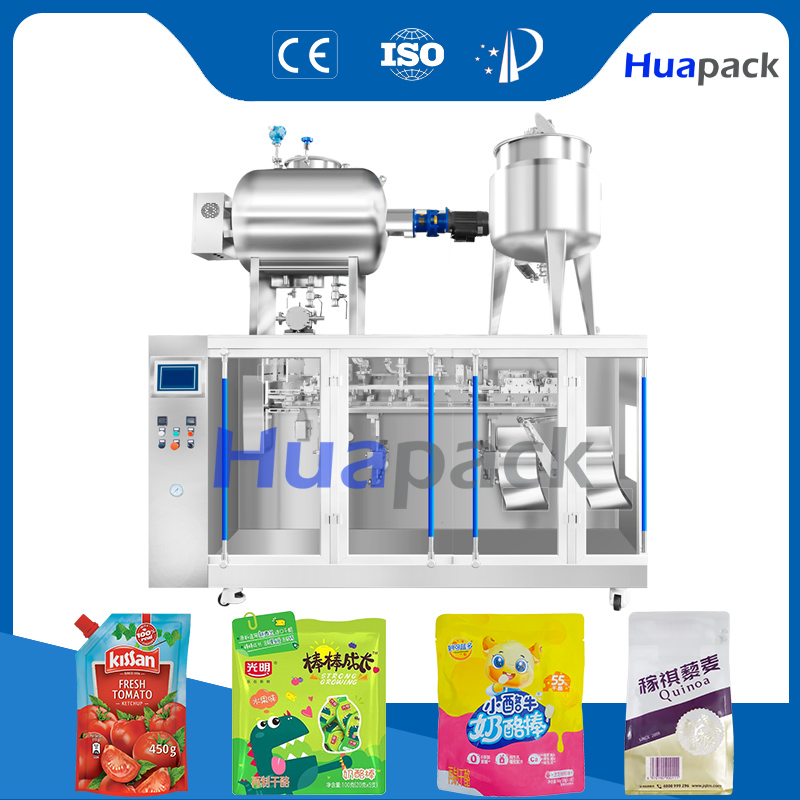 Máquina de embalagem automática horizontal de função completa para enchimento, selagem e embalagem de sacos pré-formados com bico de canto para sabonete líquido, bebida e massa