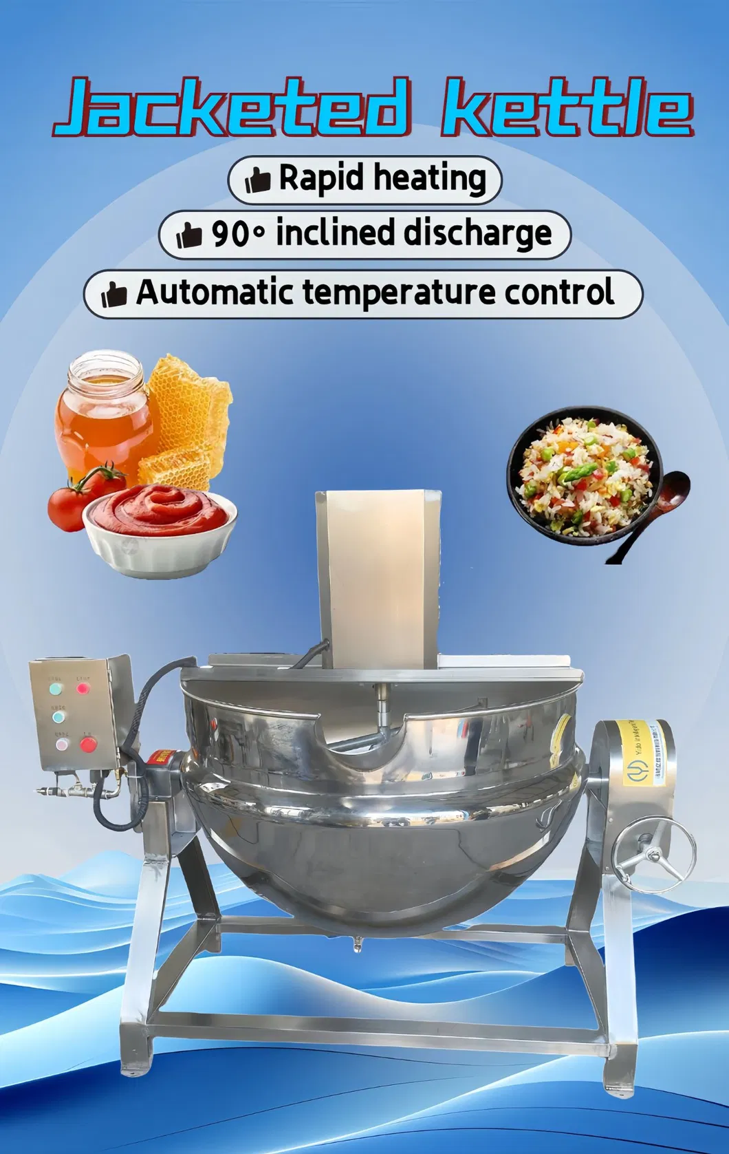 S304 Panela de Cozinha Industrial em Aço Inoxidável de Grau Alimentício com Aquecimento Elétrico a Vapor, Gás Natural, LPG, Cozedor de Geleia, Misturador, Máquina de Cozinha, Caldeira Revestida