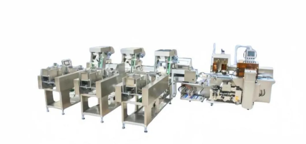 Três máquinas de pesagem com uma máquina de embalagem