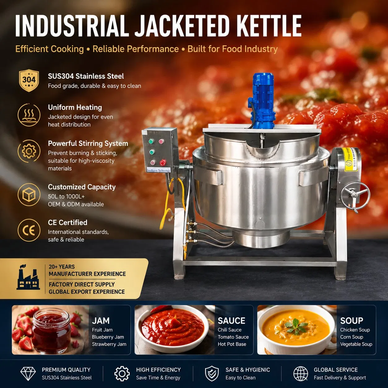 Panela de Cozinha Industrial 300L Caldeira Cozinhada a Vapor com Misturador Cozinhador de Dupla Jaqueta para Produção de Sopa Molho Geleia