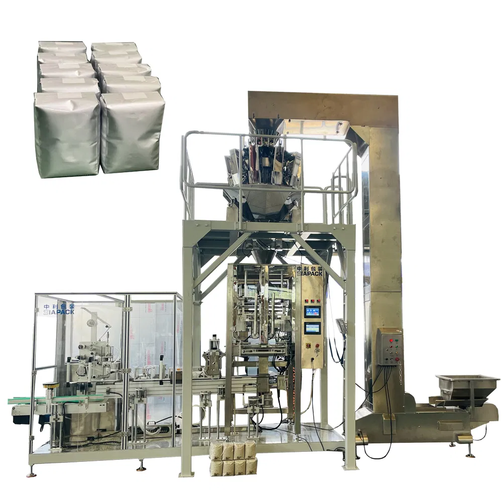 Máquina automática de formação, enchimento e rotulagem de sacos planos de fundo reto para embalagem de arroz, feijão, açúcar, sal, massa e sementes