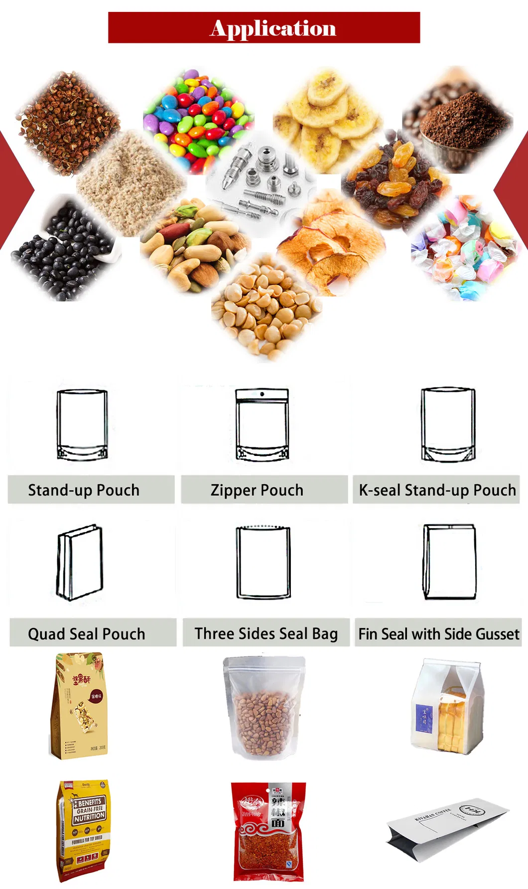 Barras de Chocolate, Pedacinhos, Lanches, Sacos em Pé, Sacos Planos, Zíper, Doypack Multifuncional, Sistemas de Embalagem