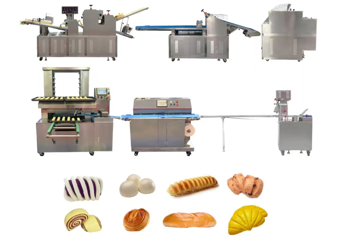Linha de Produção de Pão Cozido a Vapor Totalmente Automática Máquina Cortadora de Pão Máquina de Sova de Massa Máquina de Reformar Massa Máquina de Formar Pão Depositor de Recheio de Pão