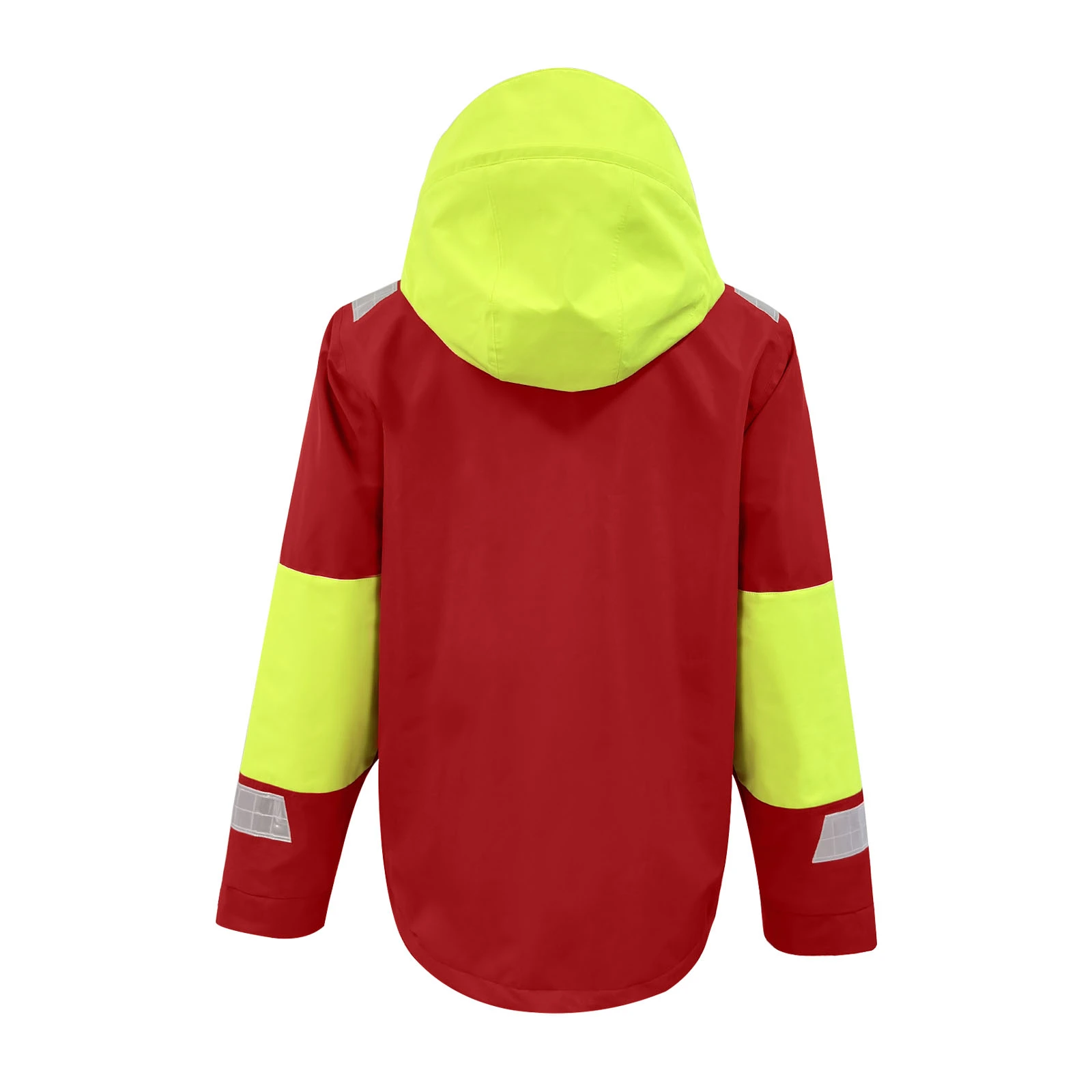 Red High-Neck Sailing Jacket with Neon Green Elbows and Hood