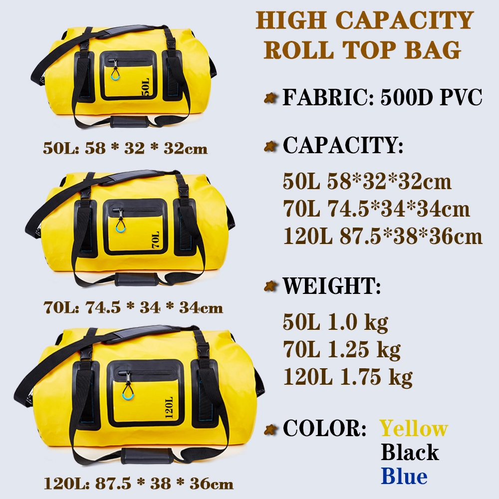 Waterproof Roll-Top Bags: Durable 500D PVC in 50L 70L 120L Options