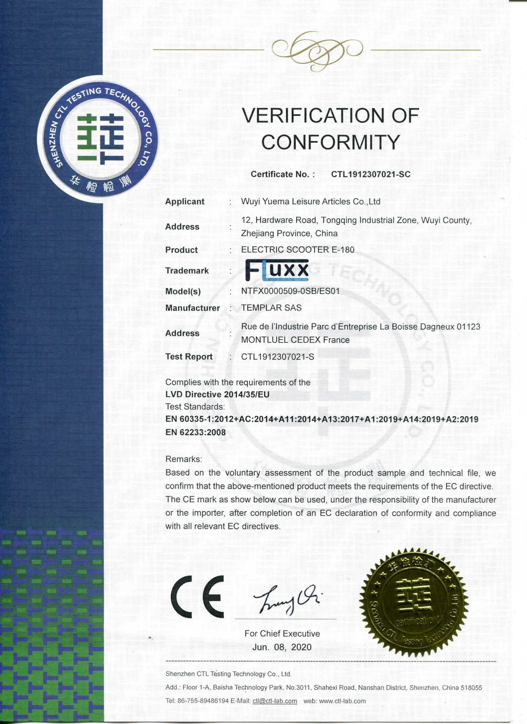 Yuema CTL SC Safety Certificate