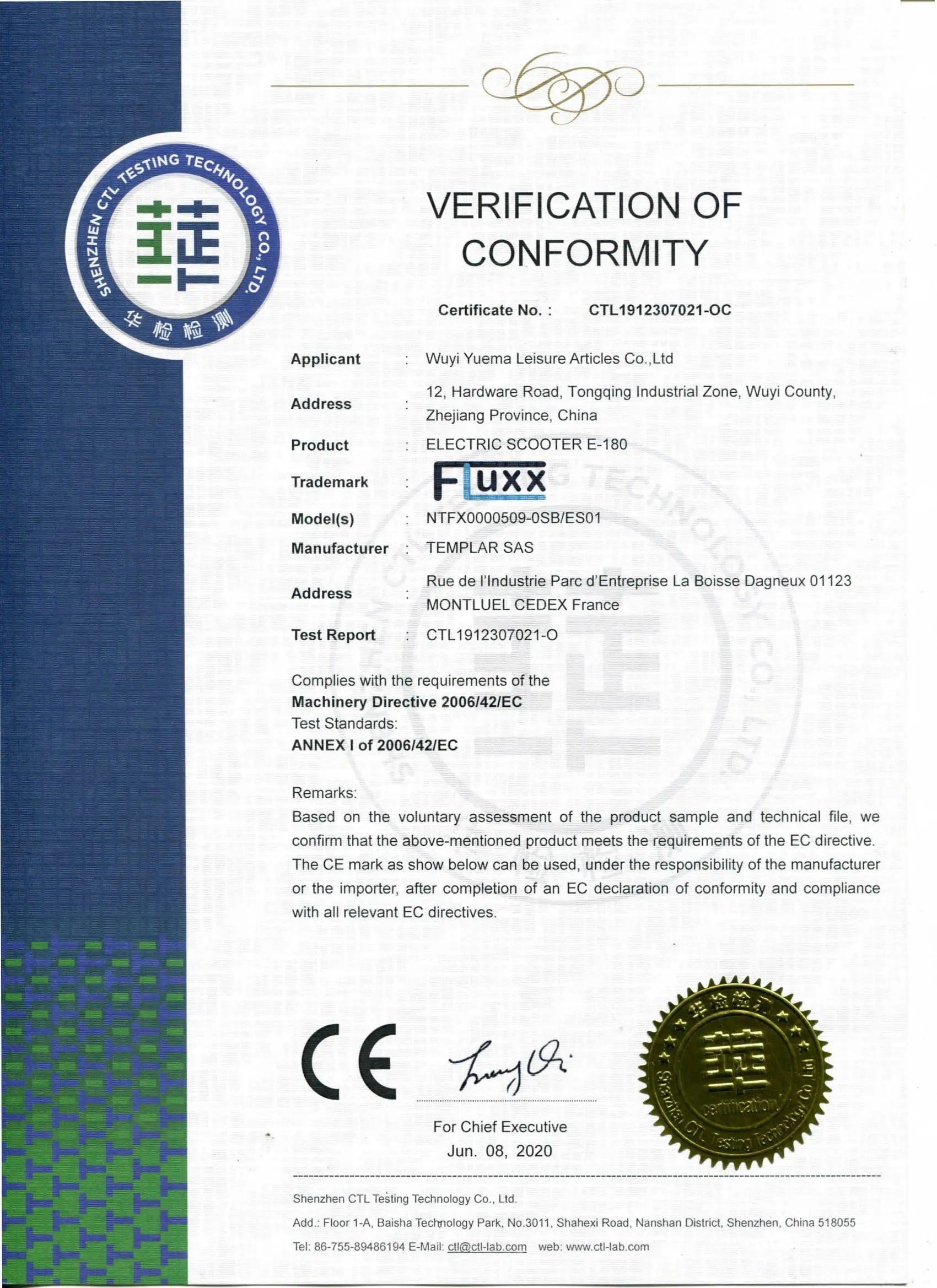 Yuema CTL OC Certificate of Conformity