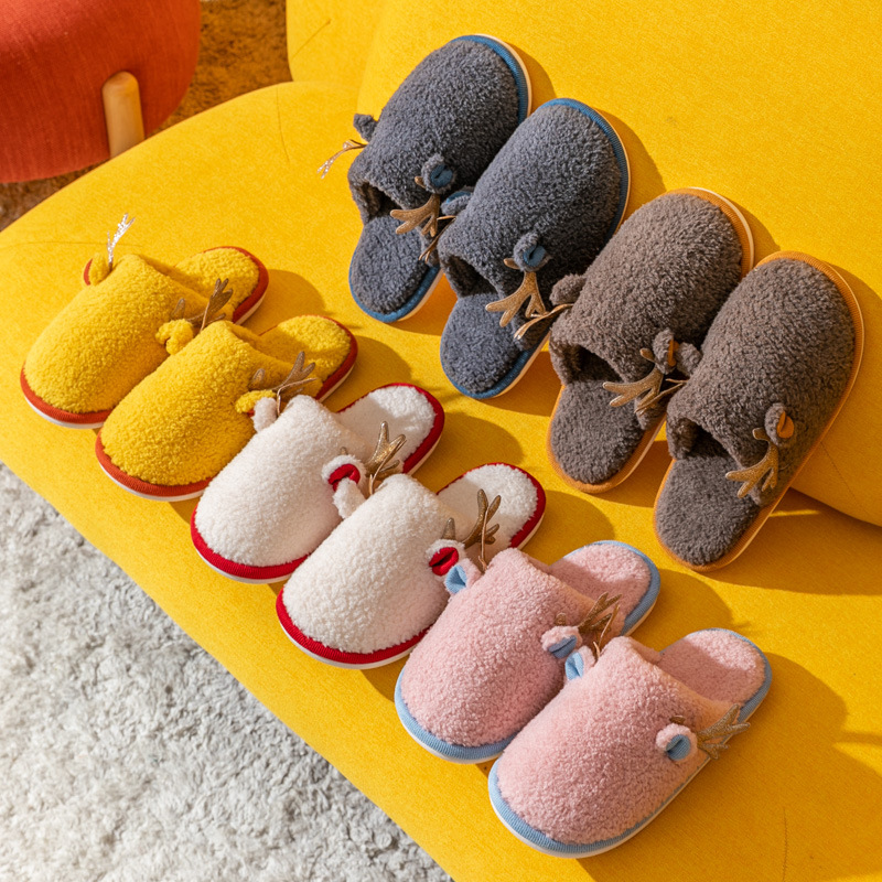 China Explosive cotton slippers women's winter antlers home non-slip home couples warm indoor confinement fur slippers men's wholesale Manufacturers, Suppliers