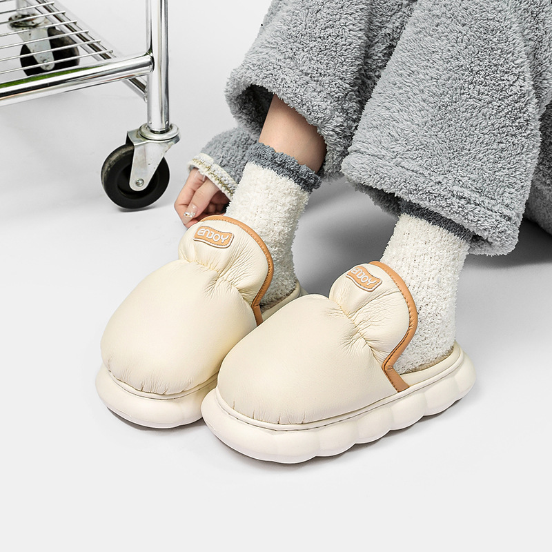 China Warm cotton slippers women's winter PU leather thick bottom stepping on sense waterproof anti-slip indoor home couple fleece men autumn and winter Suppliers, Factories