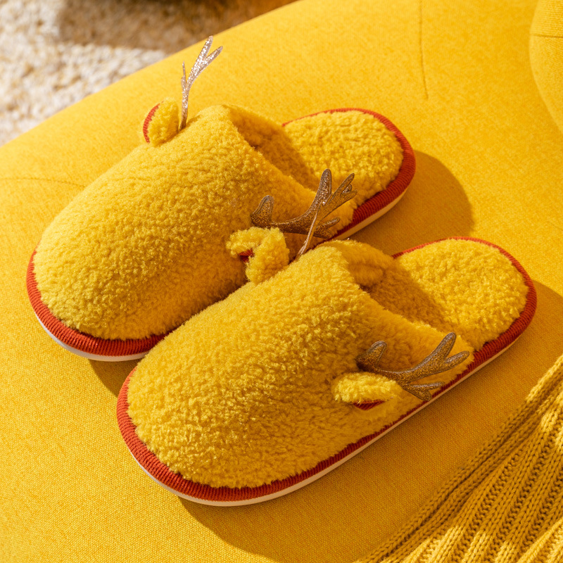 China Explosive cotton slippers women's winter antlers home non-slip home couples warm indoor confinement fur slippers men's wholesale Manufacturers, Suppliers