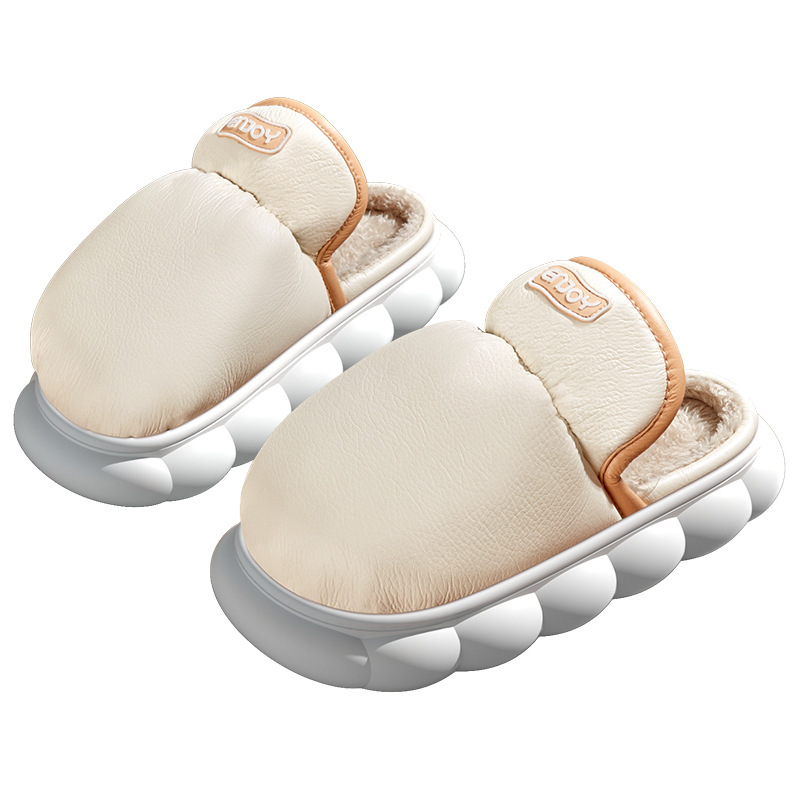 China Warm cotton slippers women's winter PU leather thick bottom stepping on sense waterproof anti-slip indoor home couple fleece men autumn and winter Suppliers, Factories
