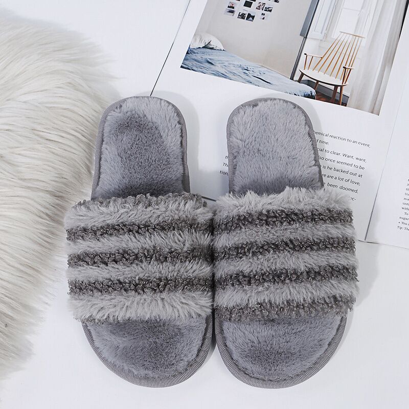 Wholesale Autumn and winter open cotton slippers women's striped plush soft bottom home non-slip word slippers Supplier, Factory