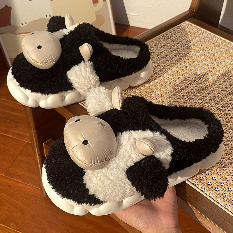 China Cow Cotton Slippers Women Autumn and Winter Indoor Household Thick Bottom Plush Baotou Couple Cotton Slippers Men Factories, Pricelist