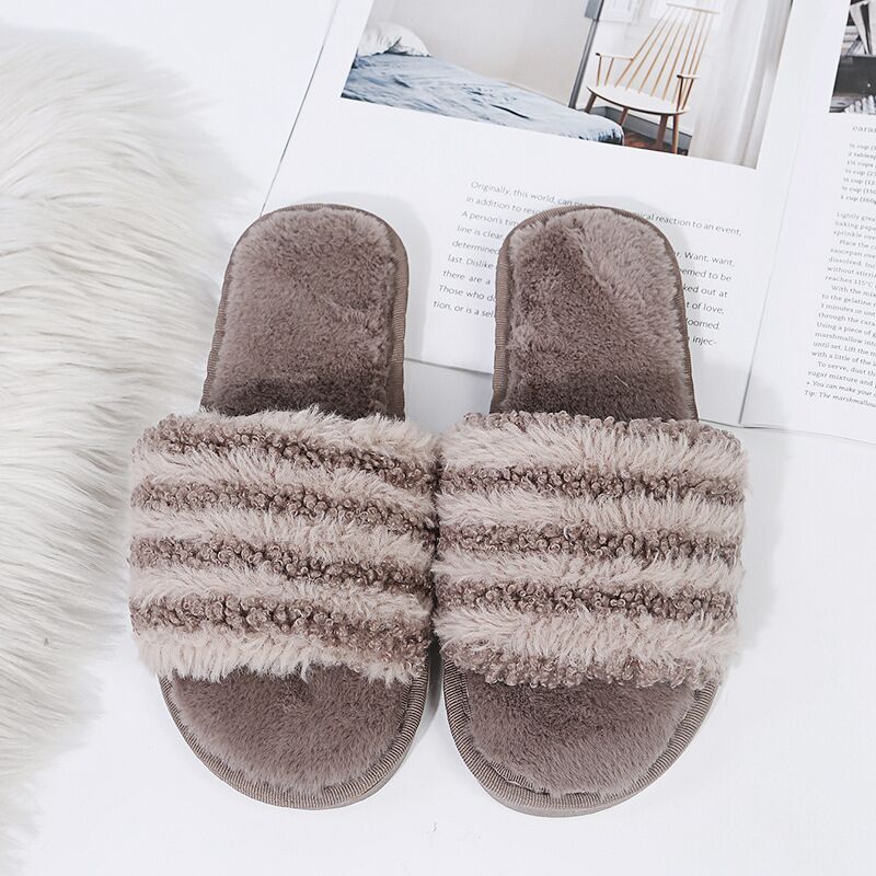 Wholesale Autumn and winter open cotton slippers women's striped plush soft bottom home non-slip word slippers Supplier, Factory