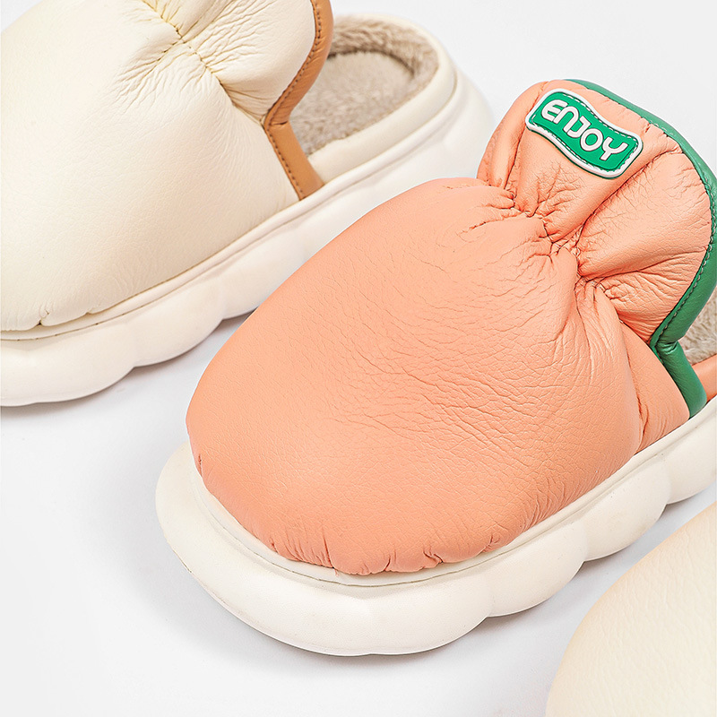 China Warm cotton slippers women's winter PU leather thick bottom stepping on sense waterproof anti-slip indoor home couple fleece men autumn and winter Suppliers, Factories