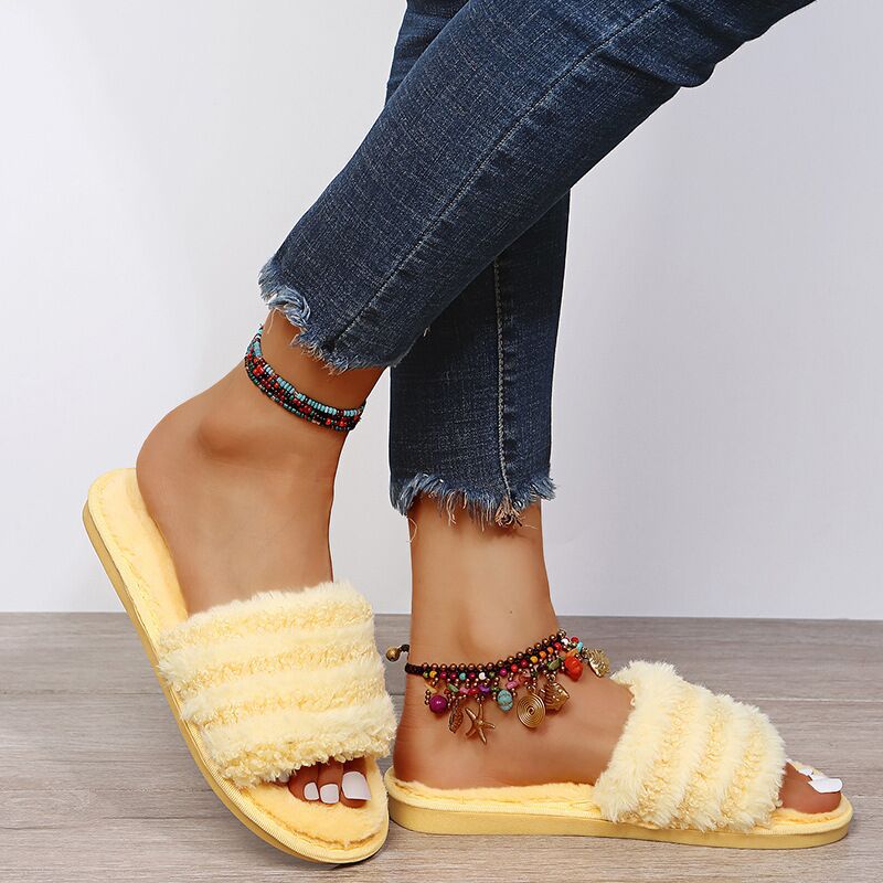 Wholesale Autumn and winter open cotton slippers women's striped plush soft bottom home non-slip word slippers Supplier, Factory