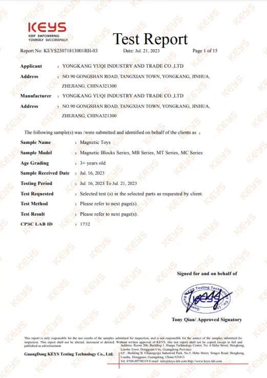 YuQi Toys ISO9001 Quality Management Certificate