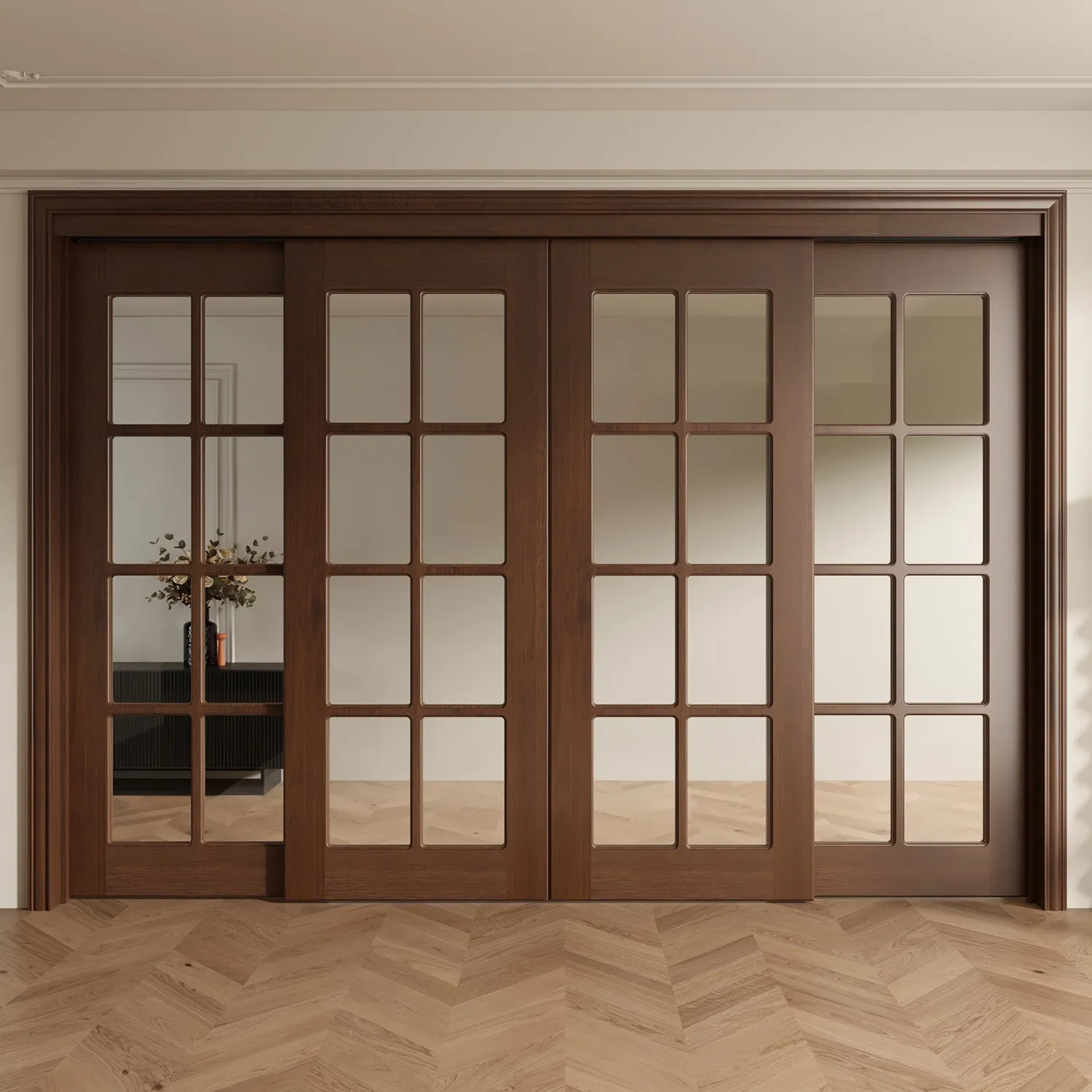 Luxury Full-View Glass Insert Wood Wooden WPC PVC Interior Door-Tempered Glass, Solid Wood Frame, Custom Sizes for Villas &amp; Lofts