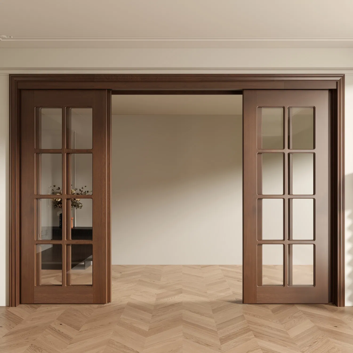 Luxury Full-View Glass Insert Wood Wooden WPC PVC Interior Door-Tempered Glass, Solid Wood Frame, Custom Sizes for Villas &amp; Lofts