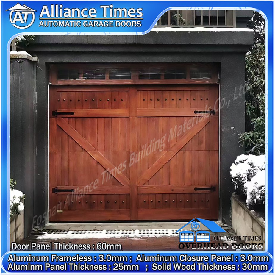 Carriage House Style Wood Clad Aluminum Sectional Automatic Garage Doors with American Pine Wood