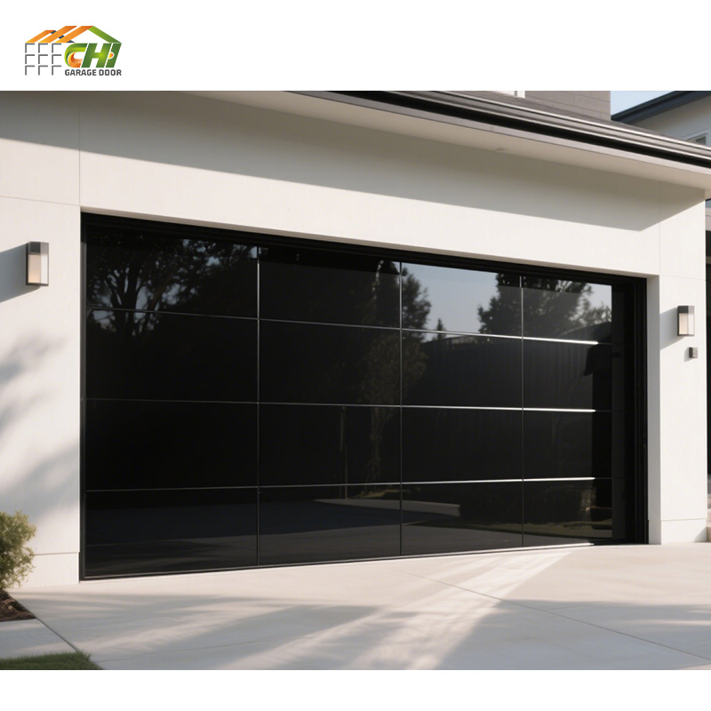 Chi Modern Frameless Glass Garage Door 8X7 Black Overhead Aluminum Garage Doors