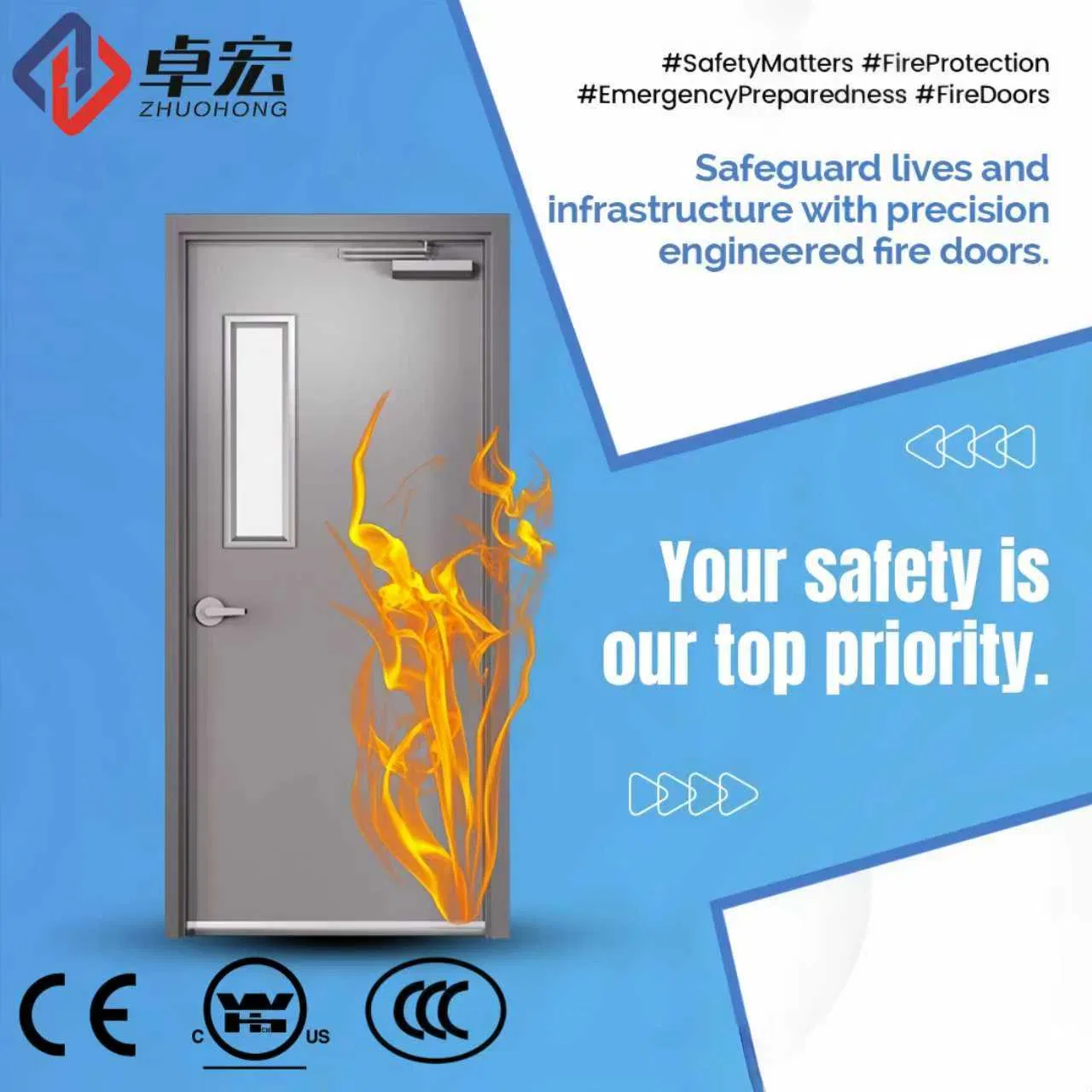 Custom Certified Galvanized Steel Fire Door with Insulation and Soundproof Protection for Commercial and Industrial Use
