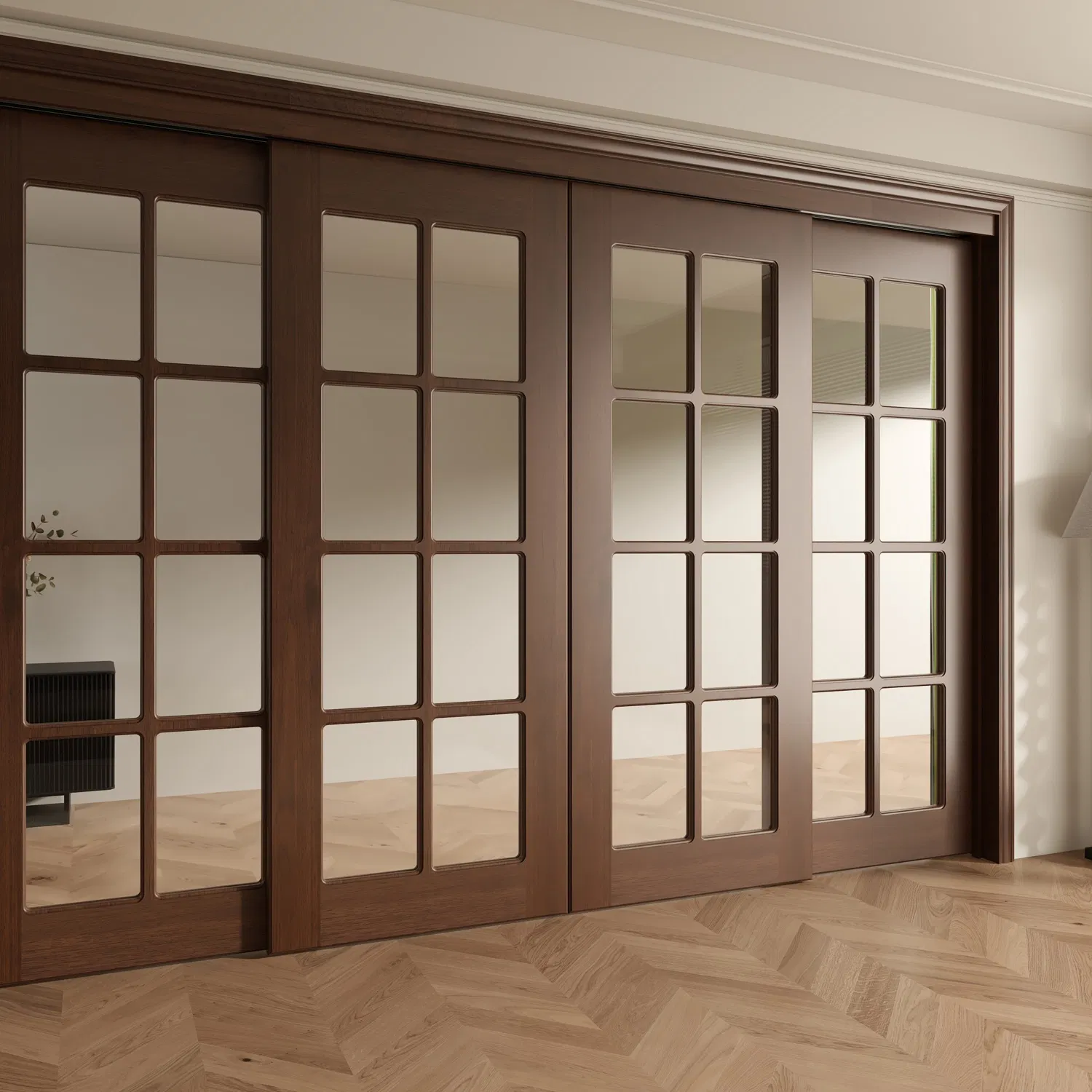 Luxury Full-View Glass Insert Wood Wooden WPC PVC Interior Door-Tempered Glass, Solid Wood Frame, Custom Sizes for Villas &amp; Lofts