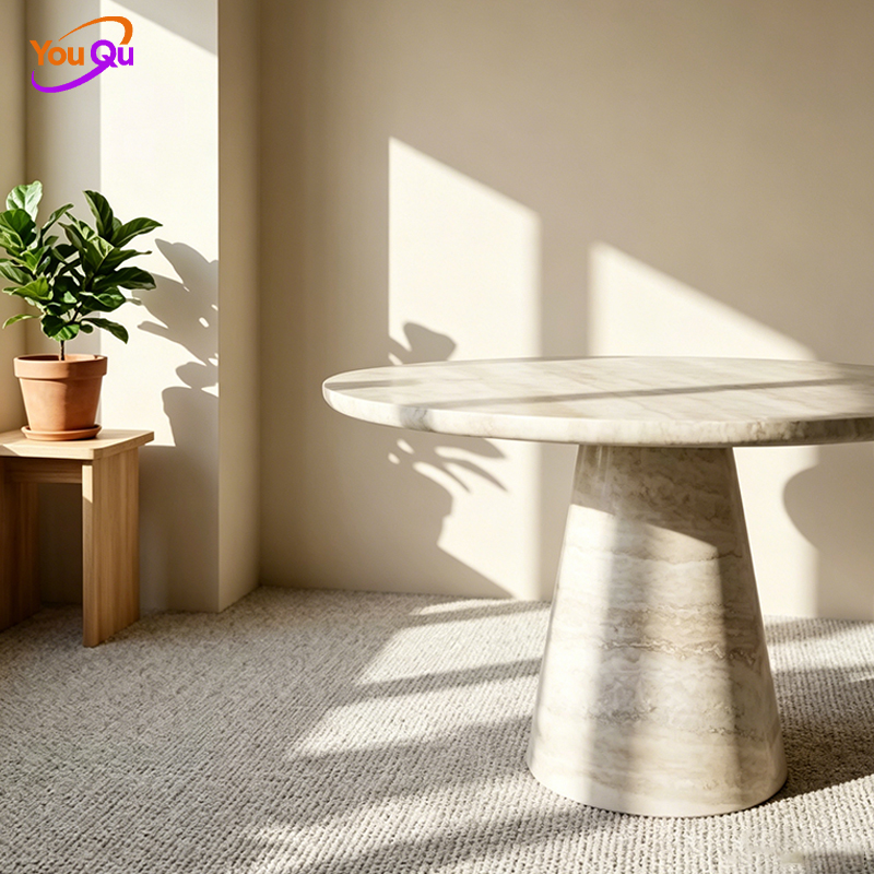 Wabi-Sabi Beige Round Dining Table Modern Minimalist Conical Base Fiberglass Travertine Stone for Home Restaurant