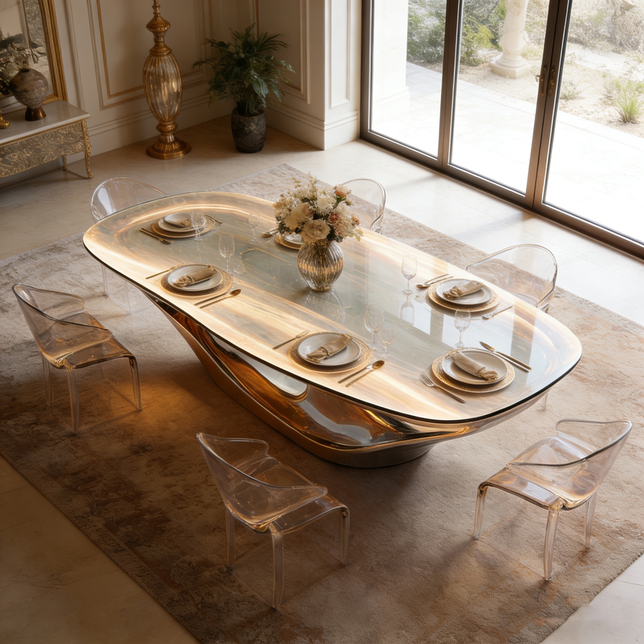 Art Deco Luxury Gilded Fiberglass Base Dining Table Irregular Wood-Like Tabletop for High-End Home Villa Hotel