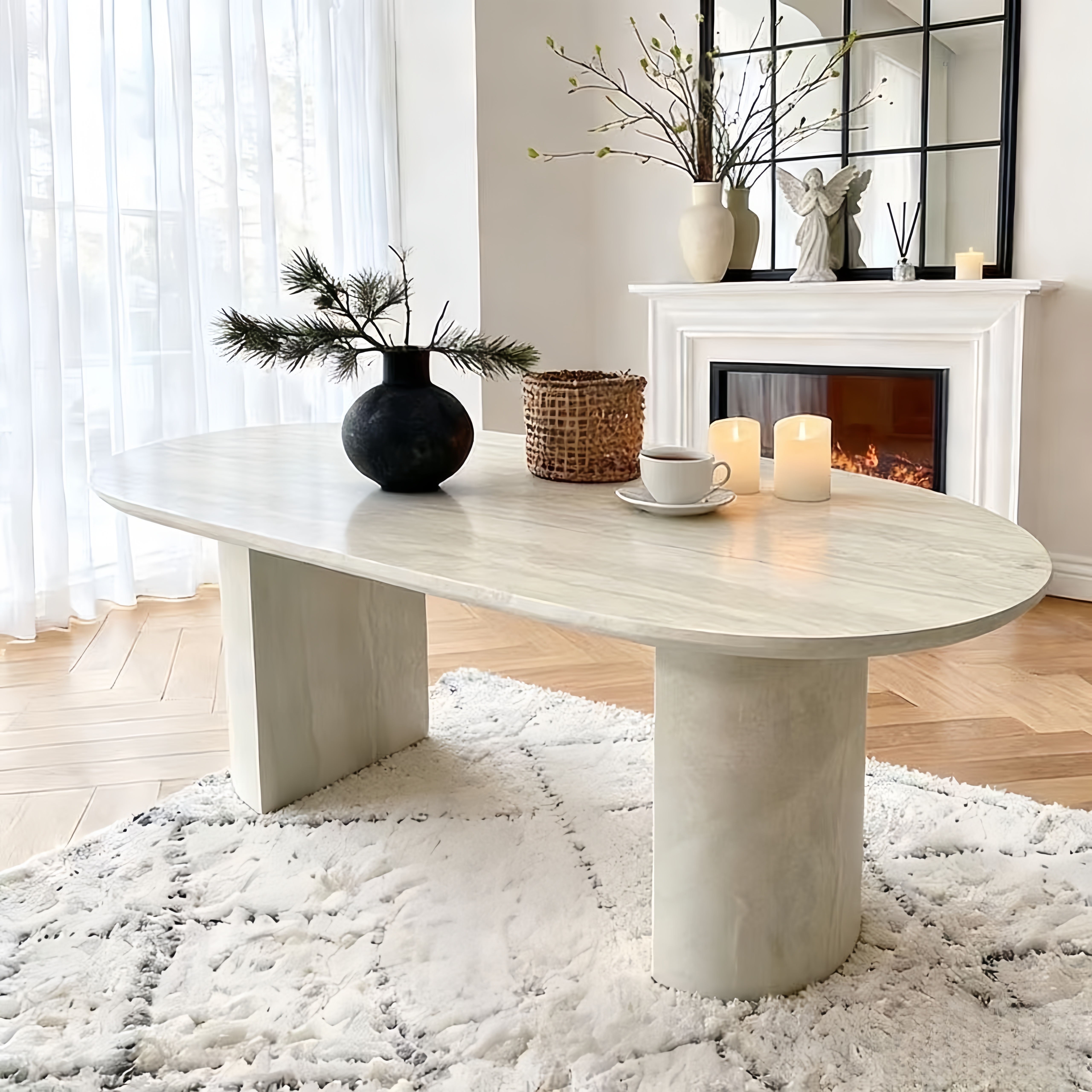 Wabi Sabi Oval Dining Table Fiberglass FRP Travertine Look Dining Room Table Modern Minimalist Home Furniture 6-8 Seater