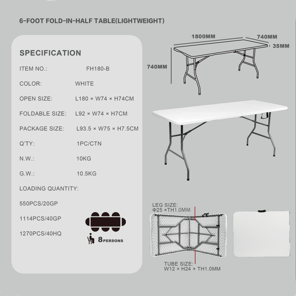 FH180 6ft Portable Patio Outdoor Table 6ft Fold-In-Half Furniture Regular Size Foldable Outdoor Dining/Kitchen Table Outdoor