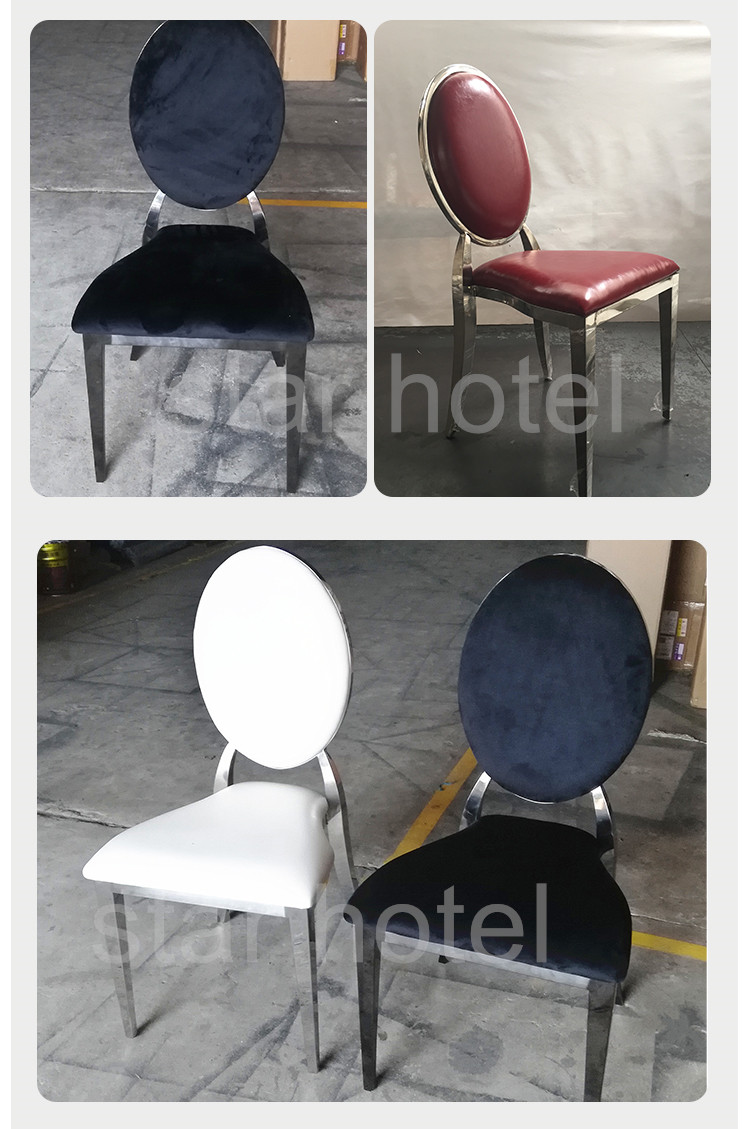 Wholesale Luxury Silver Back Round Blue Upholstered Padded Throne Stainless Steel Hotel Party Event Dining Banquet Wedding Chair