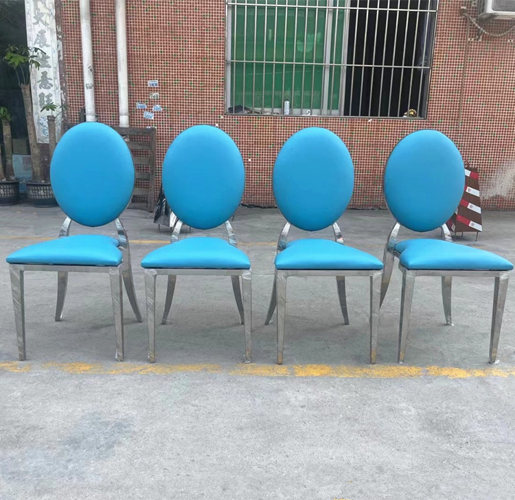 Wholesale Luxury Silver Back Round Blue Upholstered Padded Throne Stainless Steel Hotel Party Event Dining Banquet Wedding Chair