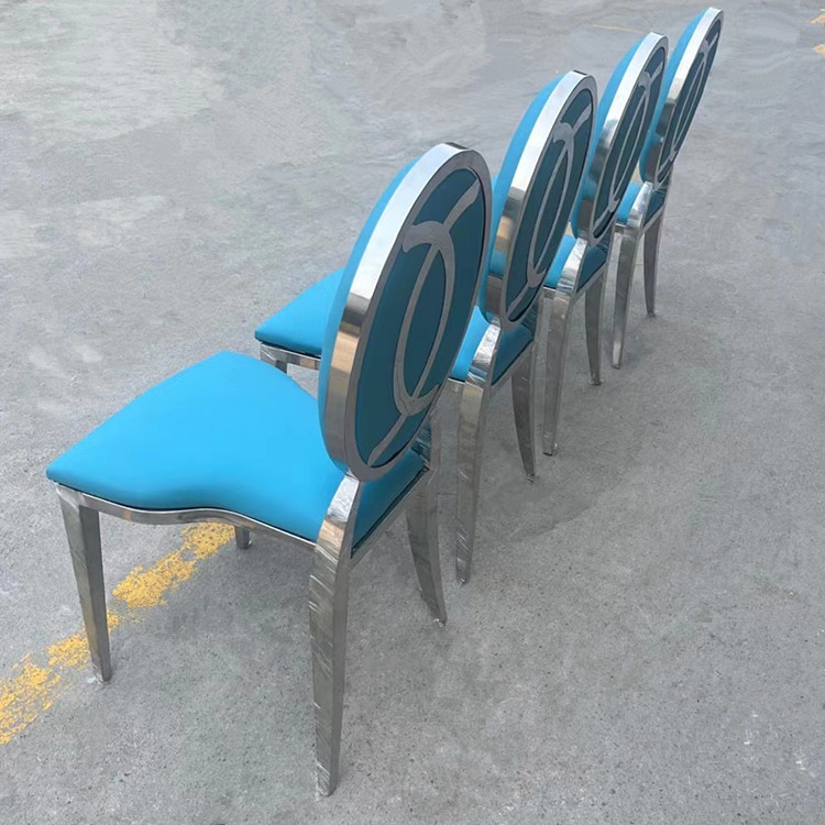 Wholesale Luxury Silver Back Round Blue Upholstered Padded Throne Stainless Steel Hotel Party Event Dining Banquet Wedding Chair