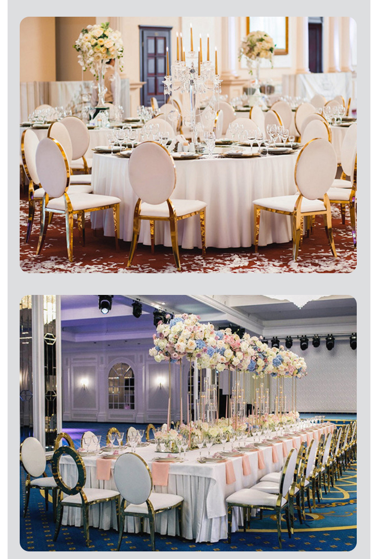 Wholesale Luxury Silver Back Round Blue Upholstered Padded Throne Stainless Steel Hotel Party Event Dining Banquet Wedding Chair