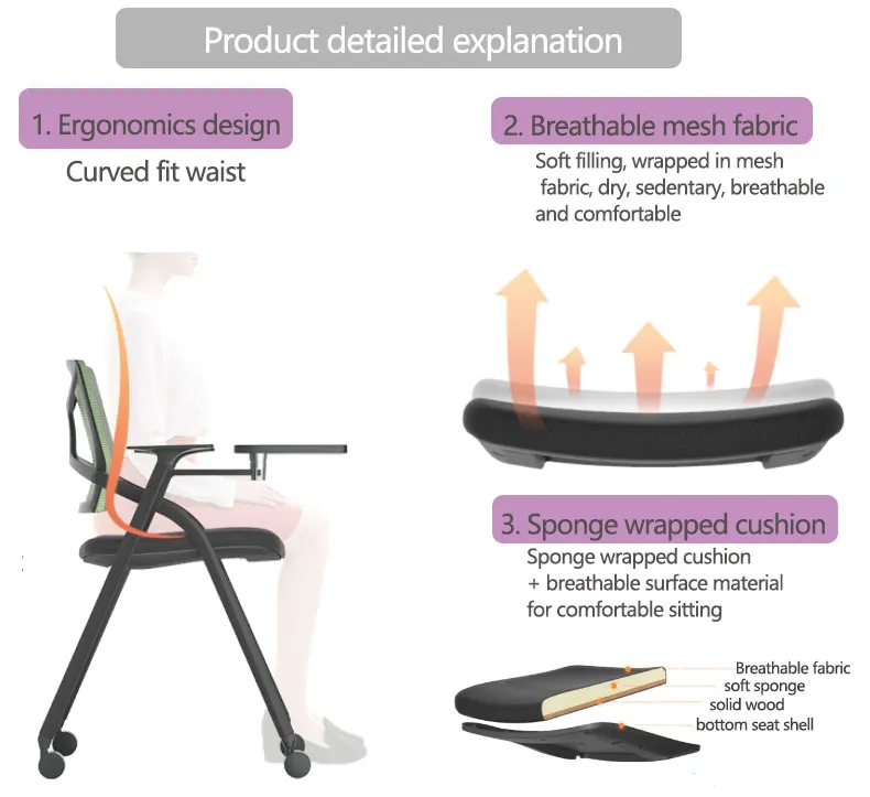 Folding Training University Lecture Chair with Table Pad Hall Chair with Wheel