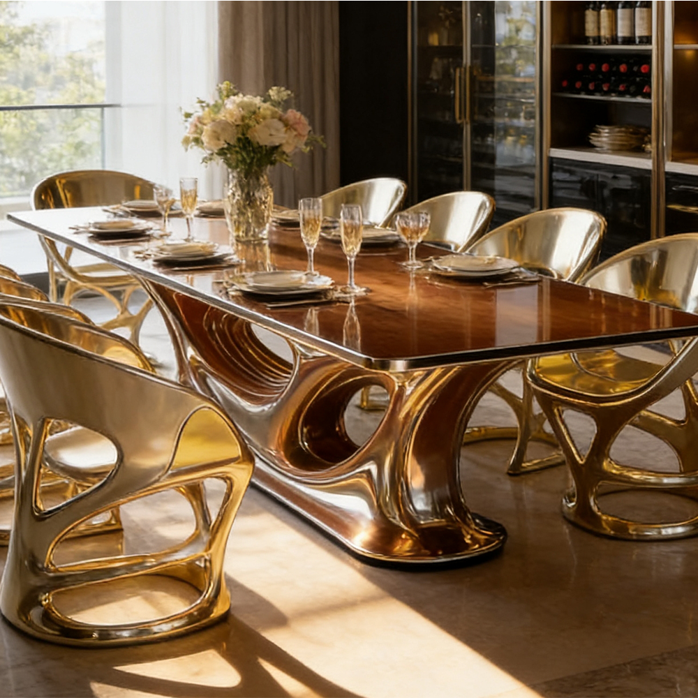 Modern Luxury Dining Table Set Gold Fiberglass Frame Glossy Marble Top Furniture Large Villa Rectangular Desk