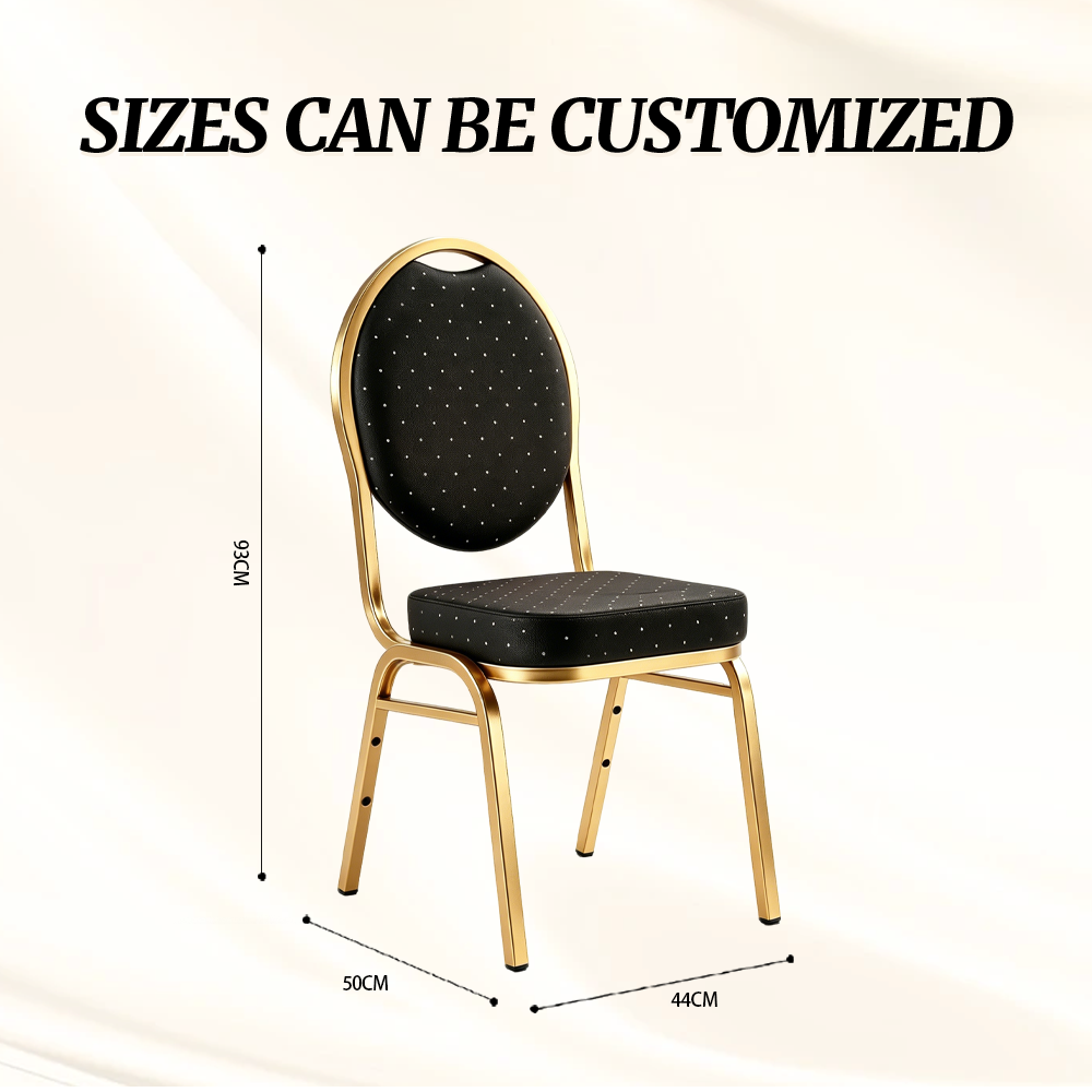 Banquet Chair Gold Metal Round Back Stackable Wedding Hotel Chairs Black Polka Dot Upholstery