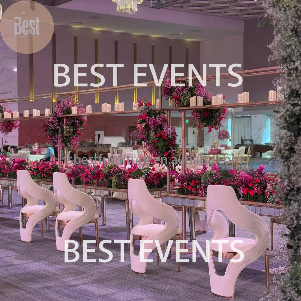 Luxury Curved White Upholstered Dining Chair with Gold Metal Accent Modern Elegant Banquet Wedding Event Chair