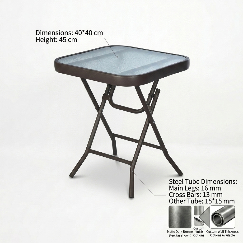 Custom Balcony Folding Table Tempered Glass Cafe Outdoor Tables Small Patio Furniture Matte Steel Frame Side Table for Backyard